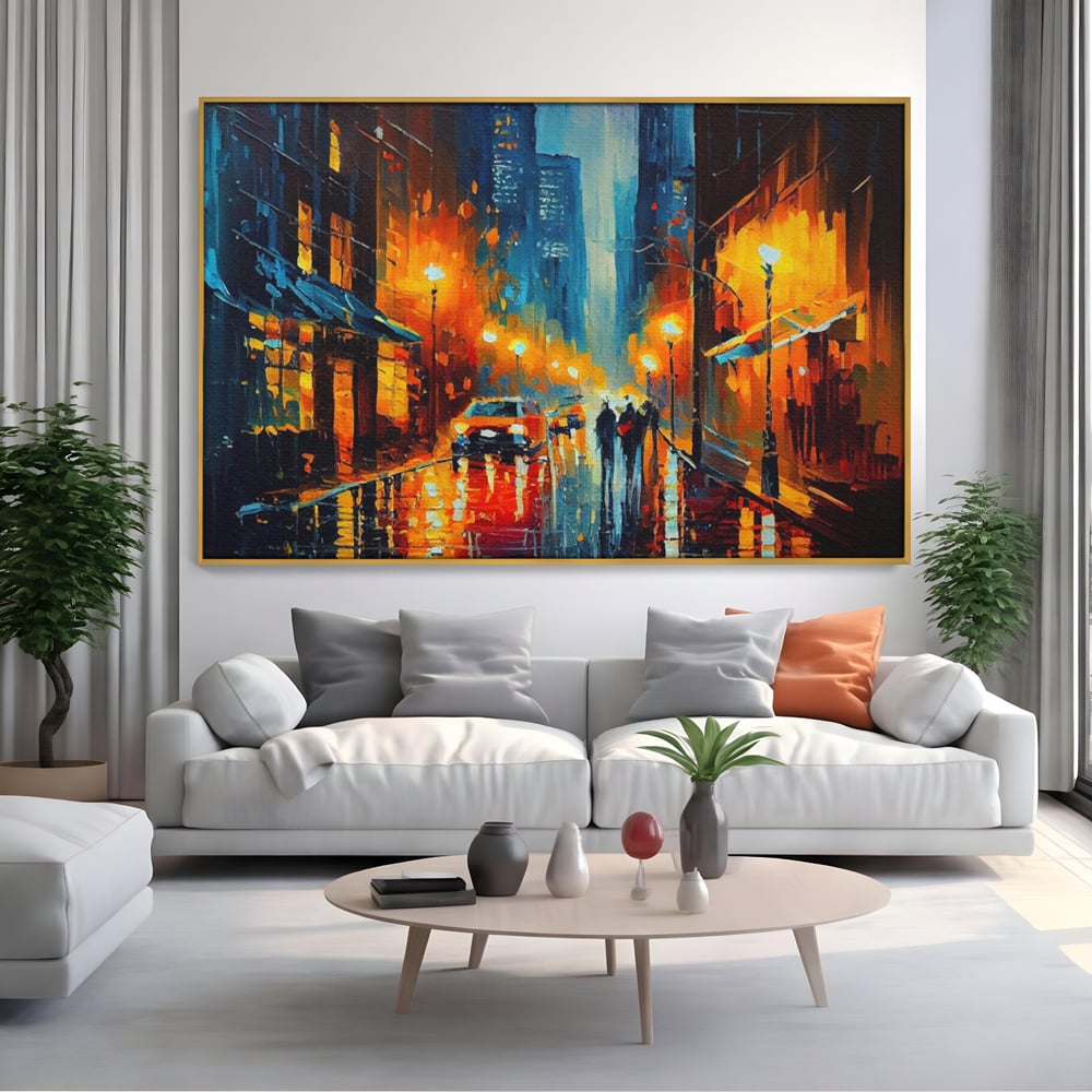 Tablou Canvas Premium LuxCanva® A1232, Lights In New York , Decorativ, Dormitor, Oras, Lumini, Masina, Oameni, Living, Culori Vibrante