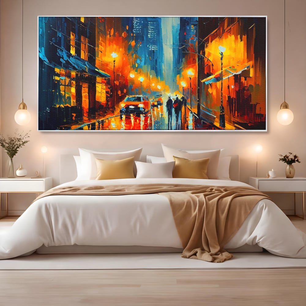 Tablou Canvas Premium LuxCanva® A1232, Lights In New York , Decorativ, Dormitor, Oras, Lumini, Masina, Oameni, Living, Culori Vibrante