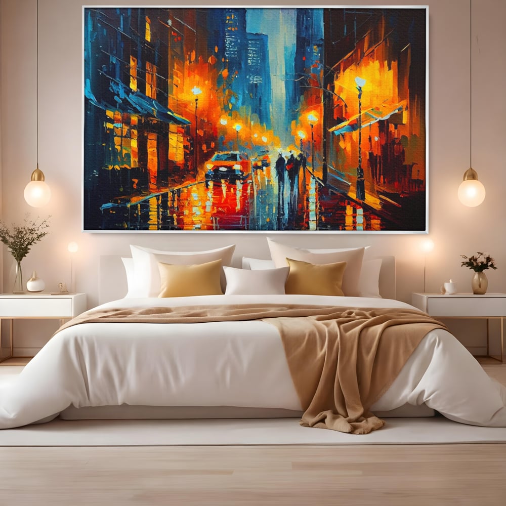 Tablou Canvas Premium LuxCanva® A1232, Lights In New York , Decorativ, Dormitor, Oras, Lumini, Masina, Oameni, Living, Culori Vibrante