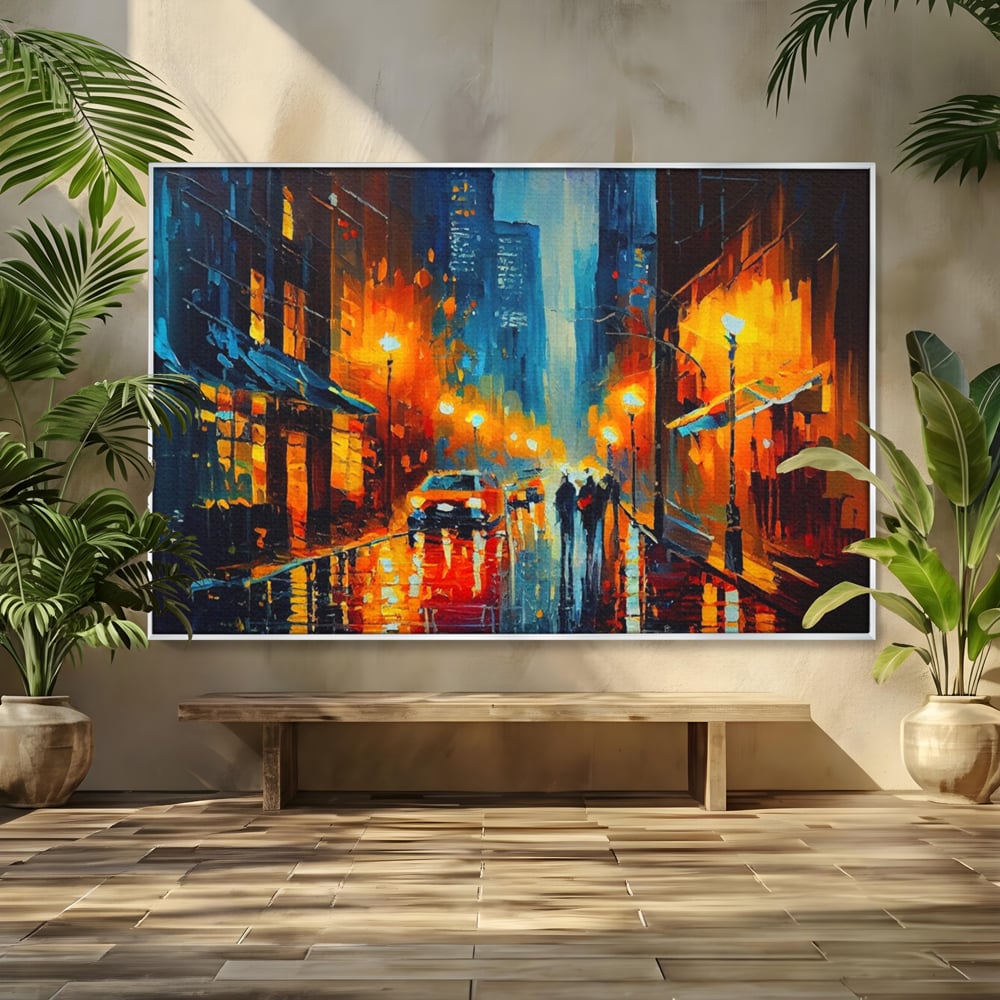 Tablou Canvas Premium LuxCanva® A1232, Lights In New York , Decorativ, Dormitor, Oras, Lumini, Masina, Oameni, Living, Culori Vibrante