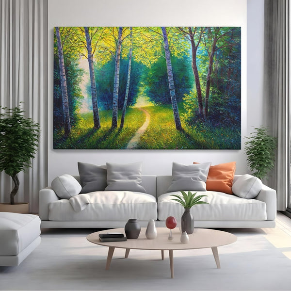 Leinwand Wandkunst Leinwand Wandkunst LuxCanva® A1234, Forest Alley , Dekorativ, Wohnen, Natur, Grün, Bäume, Gras, Bäume, Bäume, Schlafzimmer, Lebendige Farben