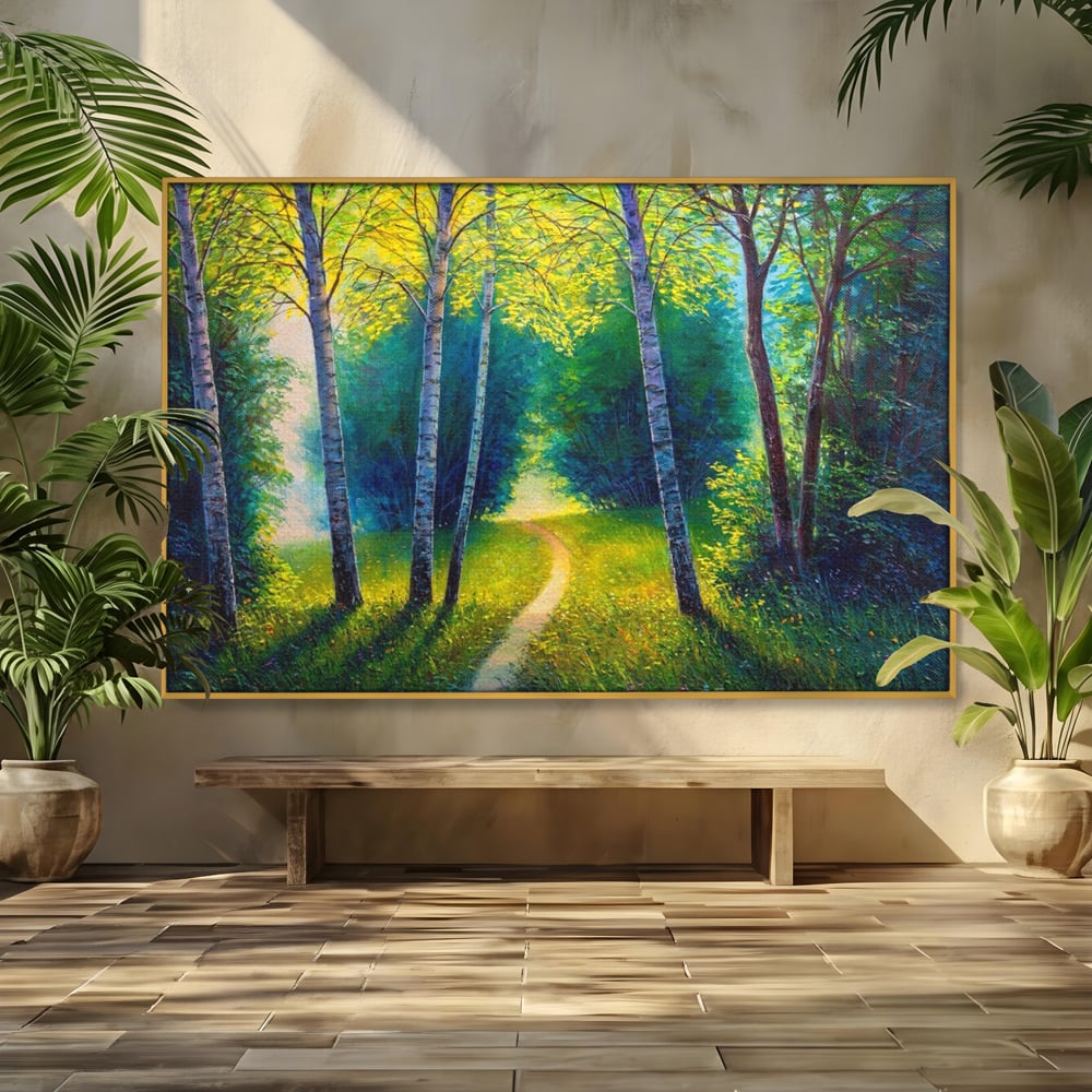 Tablou Canvas Premium LuxCanva® A1234, Aleea Din Padure , Decorativ, Living, Natura, Verde, Copaci, Iarba, Arbori, Dormitor, Culori Vibrante
