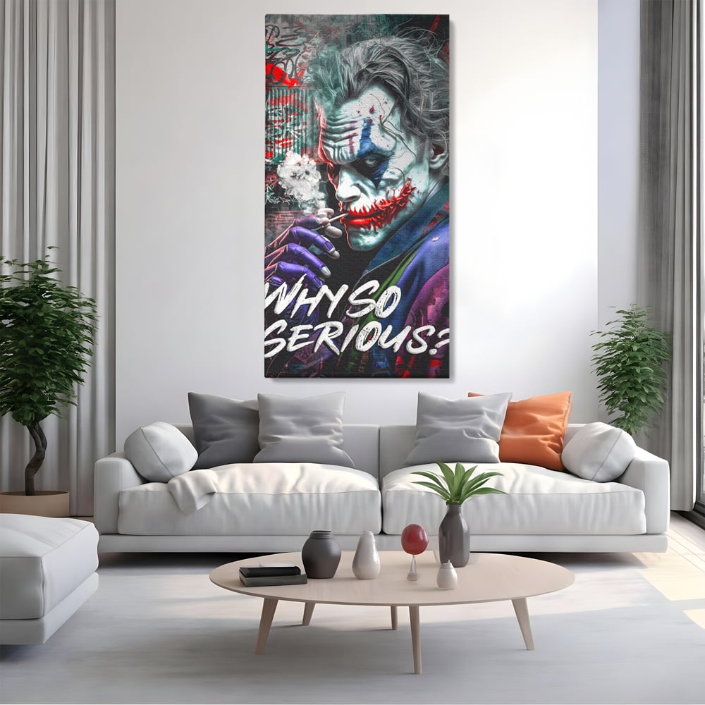 Leinwandbilder Premium LuxCanva® A1235, Warum so ernst, Dekorativ, Wohnen, Joker, Film, Schauspieler, Thriller, Schlafzimmer, Kräftige Farben