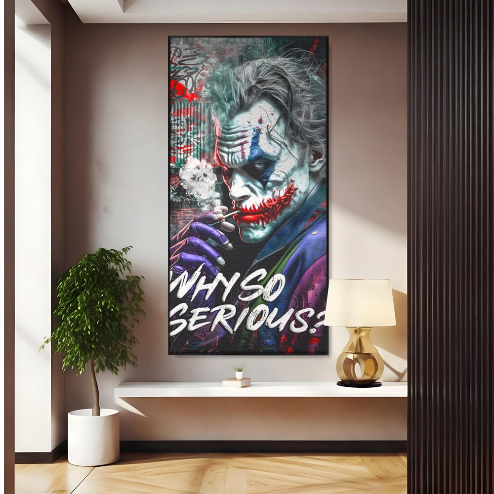 Leinwandbilder Premium LuxCanva® A1235, Warum so ernst, Dekorativ, Wohnen, Joker, Film, Schauspieler, Thriller, Schlafzimmer, Kräftige Farben