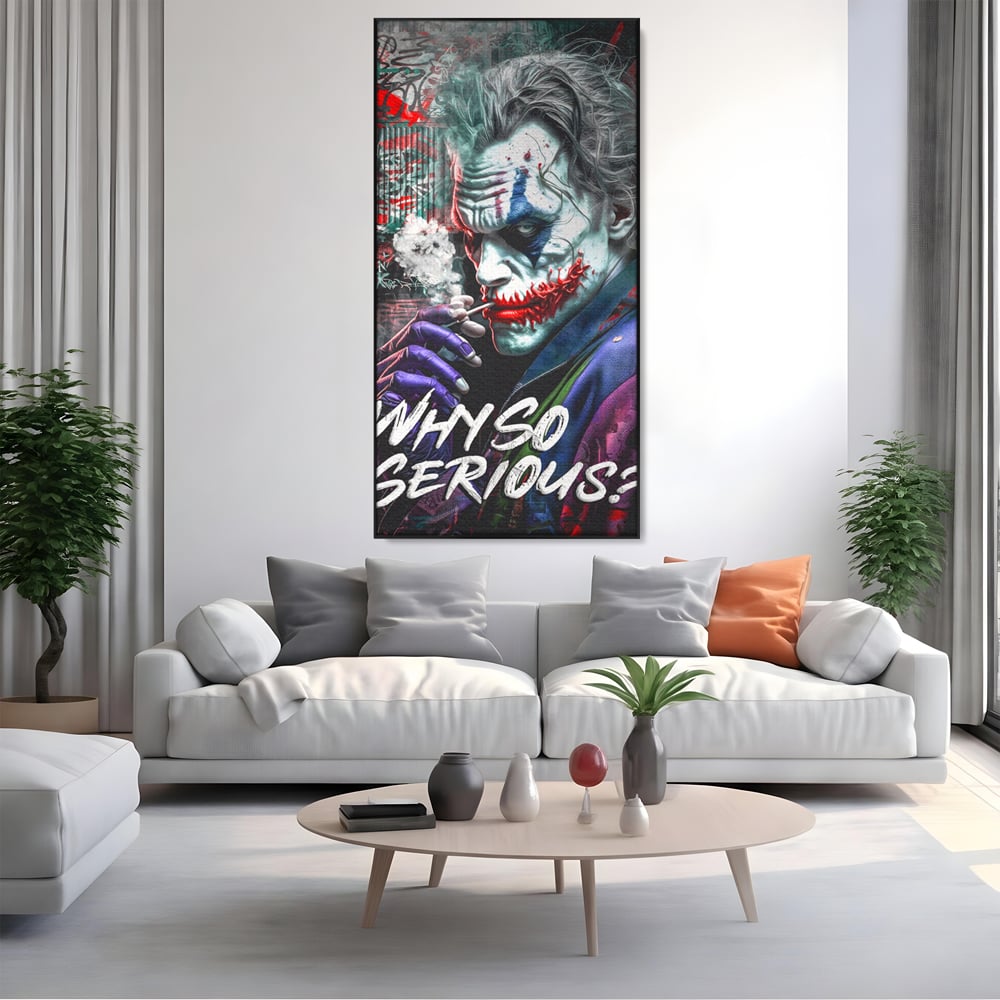 Leinwandbilder Premium LuxCanva® A1235, Warum so ernst, Dekorativ, Wohnen, Joker, Film, Schauspieler, Thriller, Schlafzimmer, Kräftige Farben