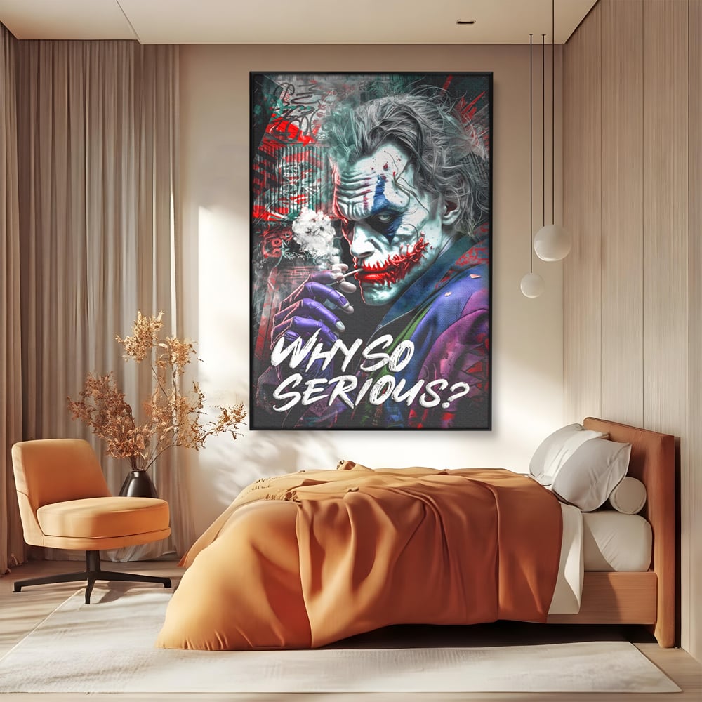Leinwandbilder Premium LuxCanva® A1235, Warum so ernst, Dekorativ, Wohnen, Joker, Film, Schauspieler, Thriller, Schlafzimmer, Kräftige Farben