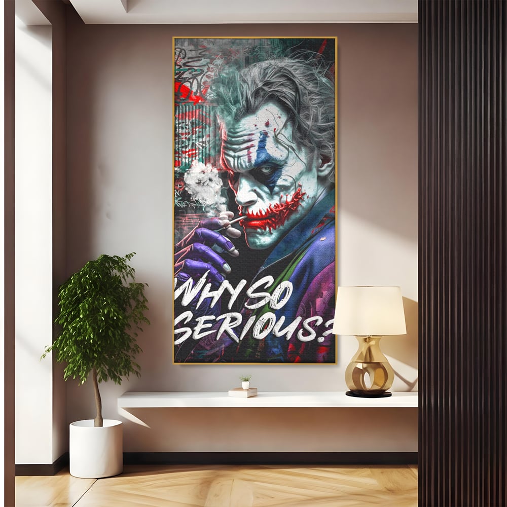 Leinwandbilder Premium LuxCanva® A1235, Warum so ernst, Dekorativ, Wohnen, Joker, Film, Schauspieler, Thriller, Schlafzimmer, Kräftige Farben
