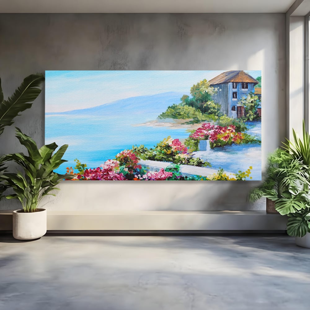 Tablou Canvas Premium LuxCanva® A1239, Flori La Malul Marii , Decorativ, Living, Peisaj, Flori, Mare, Munte, Dormitor, Culori Vibrante