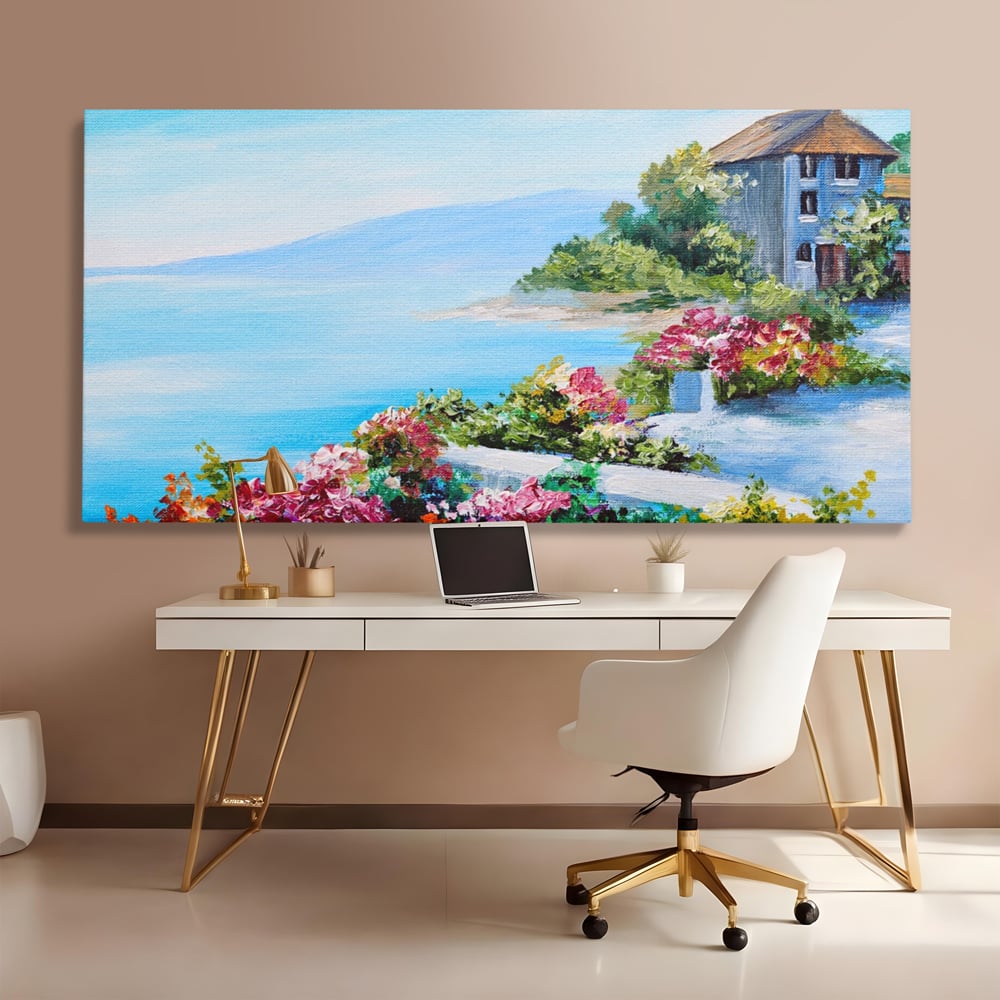 Tablou Canvas Premium LuxCanva® A1239, Flori La Malul Marii , Decorativ, Living, Peisaj, Flori, Mare, Munte, Dormitor, Culori Vibrante
