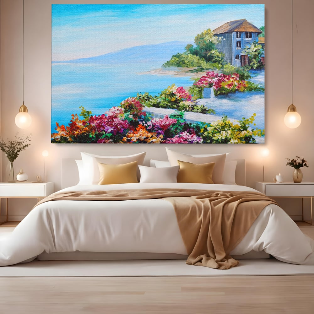 Tablou Canvas Premium LuxCanva® A1239, Flori La Malul Marii , Decorativ, Living, Peisaj, Flori, Mare, Munte, Dormitor, Culori Vibrante