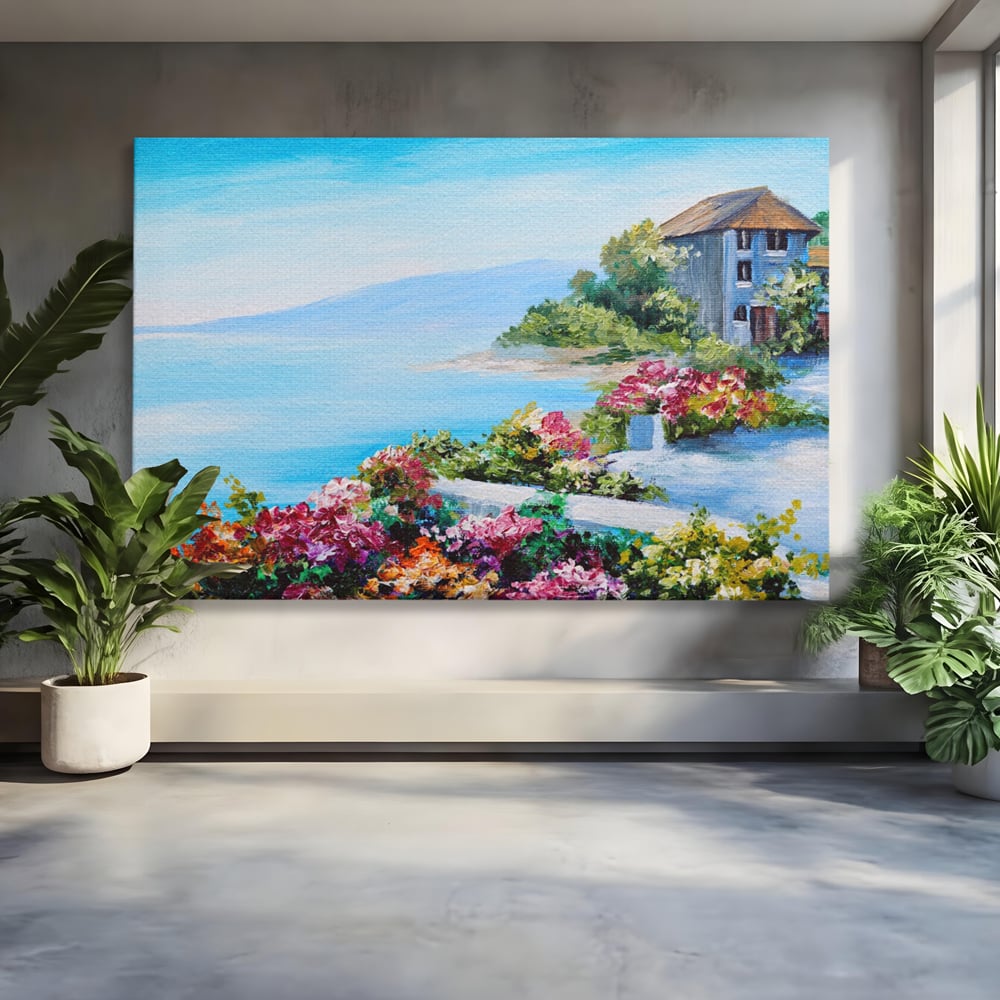 Tablou Canvas Premium LuxCanva® A1239, Flori La Malul Marii , Decorativ, Living, Peisaj, Flori, Mare, Munte, Dormitor, Culori Vibrante