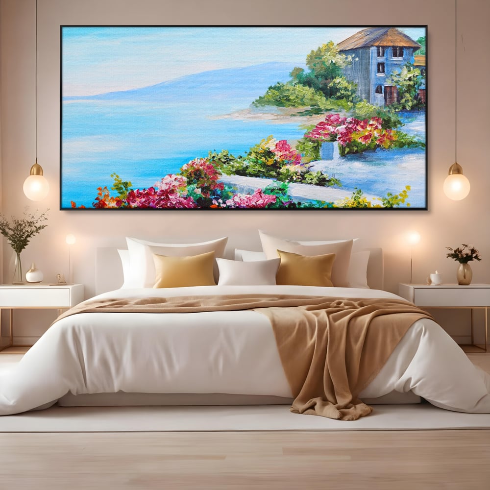 Tablou Canvas Premium LuxCanva® A1239, Flori La Malul Marii , Decorativ, Living, Peisaj, Flori, Mare, Munte, Dormitor, Culori Vibrante