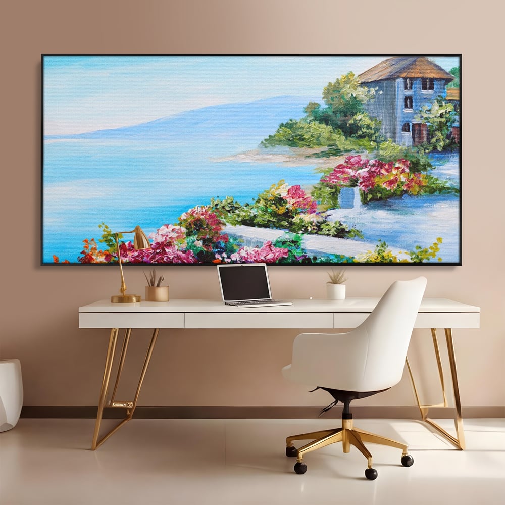 Tablou Canvas Premium LuxCanva® A1239, Flori La Malul Marii , Decorativ, Living, Peisaj, Flori, Mare, Munte, Dormitor, Culori Vibrante