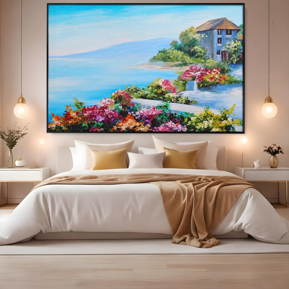 Tablou Canvas Premium LuxCanva® A1239, Flori La Malul Marii , Decorativ, Living, Peisaj, Flori, Mare, Munte, Dormitor, Culori Vibrante