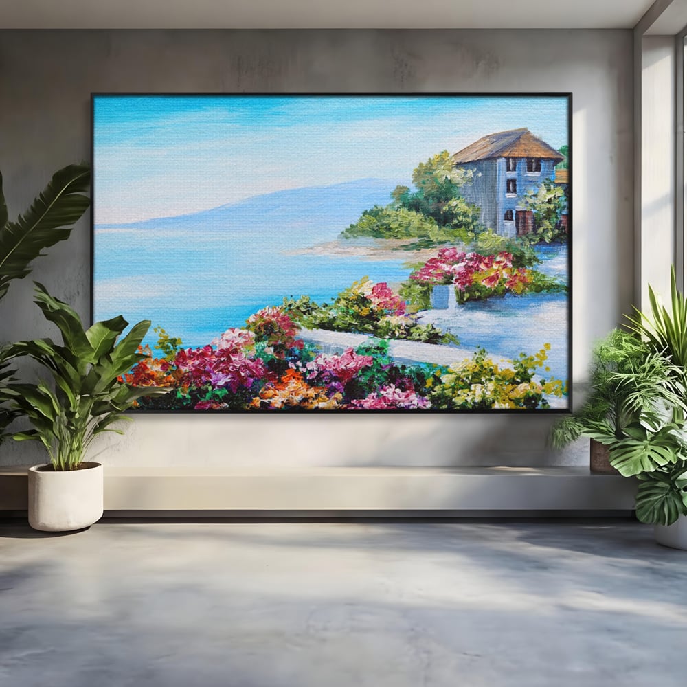 Tablou Canvas Premium LuxCanva® A1239, Flori La Malul Marii , Decorativ, Living, Peisaj, Flori, Mare, Munte, Dormitor, Culori Vibrante