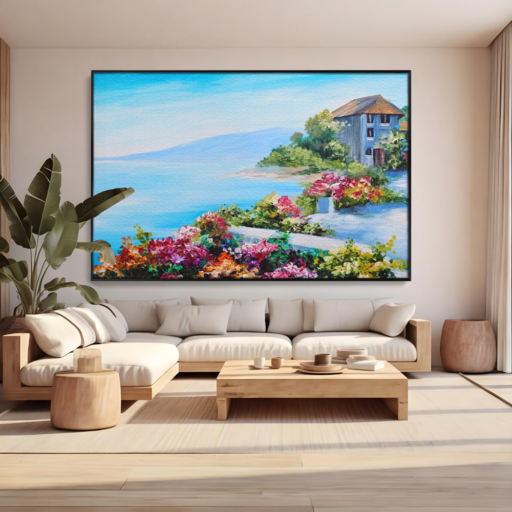 Tablou Canvas Premium LuxCanva® A1239, Flori La Malul Marii , Decorativ, Living, Peisaj, Flori, Mare, Munte, Dormitor, Culori Vibrante
