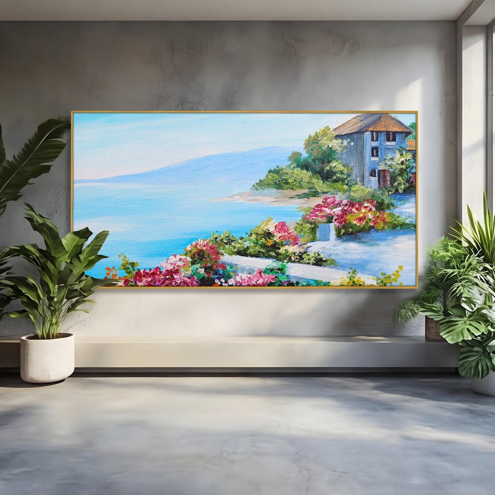 Tablou Canvas Premium LuxCanva® A1239, Flori La Malul Marii , Decorativ, Living, Peisaj, Flori, Mare, Munte, Dormitor, Culori Vibrante