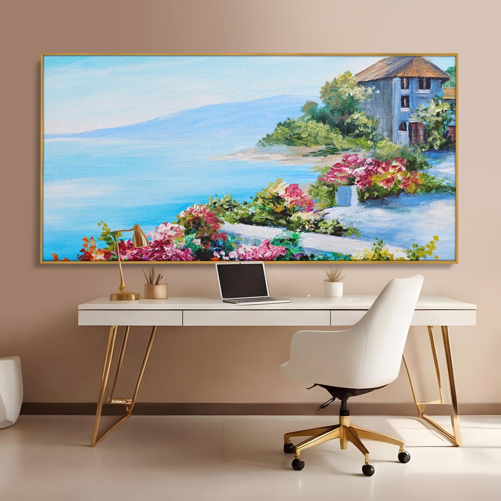 Tablou Canvas Premium LuxCanva® A1239, Flori La Malul Marii , Decorativ, Living, Peisaj, Flori, Mare, Munte, Dormitor, Culori Vibrante