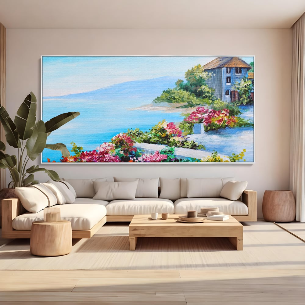 Tablou Canvas Premium LuxCanva® A1239, Flori La Malul Marii , Decorativ, Living, Peisaj, Flori, Mare, Munte, Dormitor, Culori Vibrante