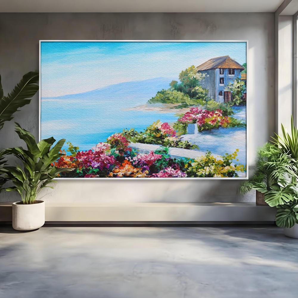 Tablou Canvas Premium LuxCanva® A1239, Flori La Malul Marii , Decorativ, Living, Peisaj, Flori, Mare, Munte, Dormitor, Culori Vibrante