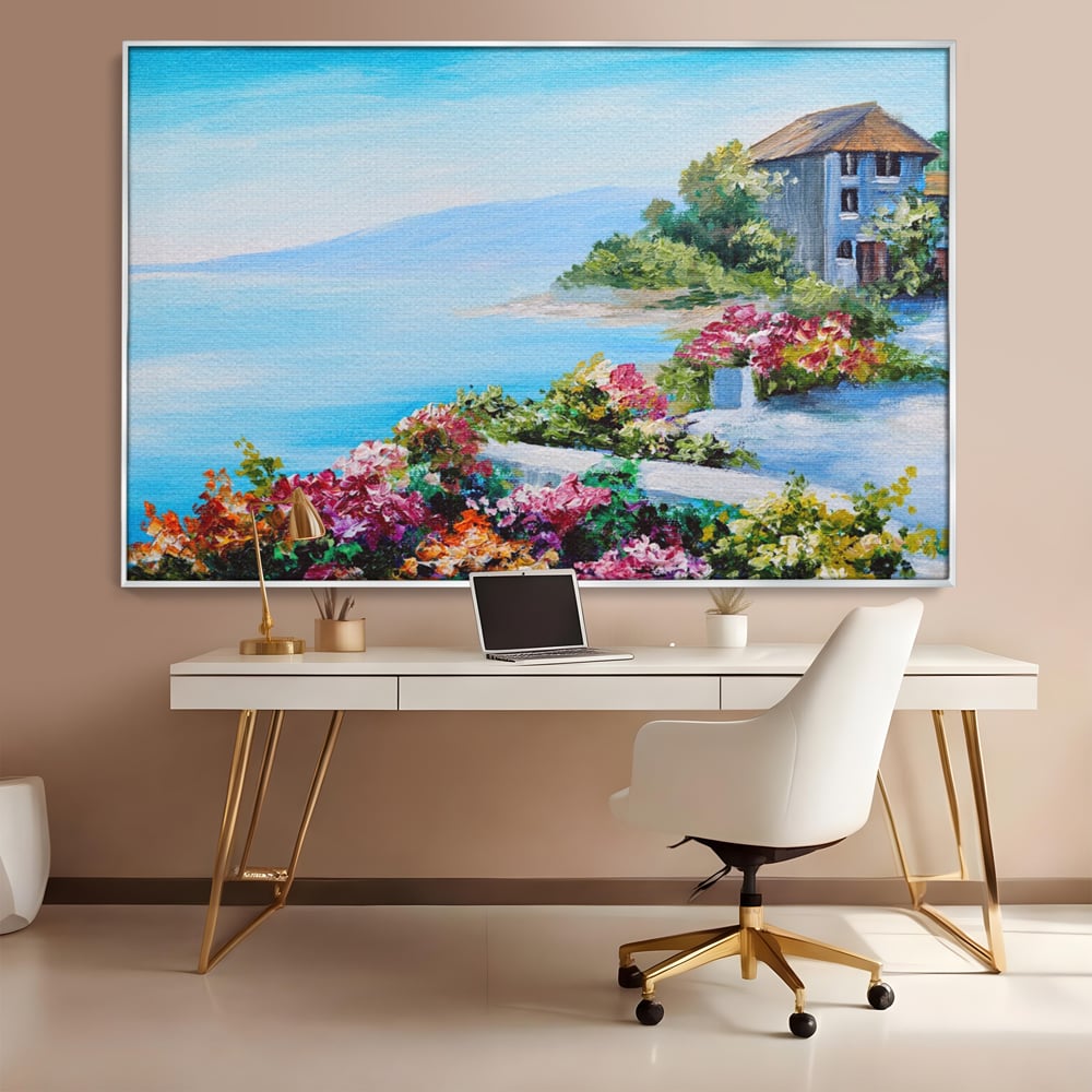 Tablou Canvas Premium LuxCanva® A1239, Flori La Malul Marii , Decorativ, Living, Peisaj, Flori, Mare, Munte, Dormitor, Culori Vibrante