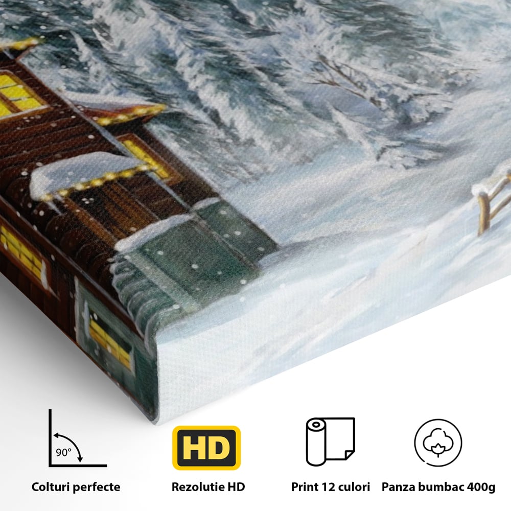 Tablou Canvas Premium LuxCanva® A1240, Peisaj De Poveste , Decorativ, Living, Peisaj, Zapada, Casa, Brad, Iarna, Dormitor, Culori Vibrante
