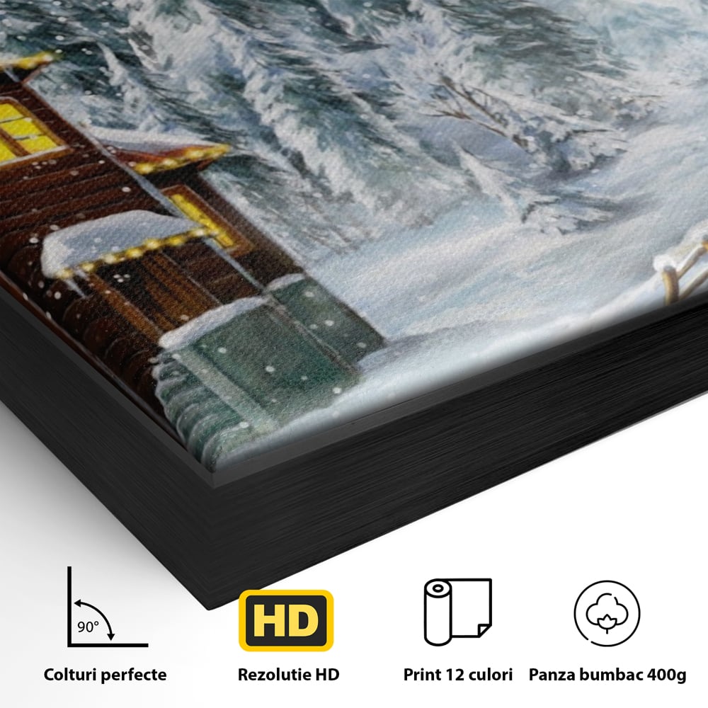 Tablou Canvas Premium LuxCanva® A1240, Peisaj De Poveste , Decorativ, Living, Peisaj, Zapada, Casa, Brad, Iarna, Dormitor, Culori Vibrante