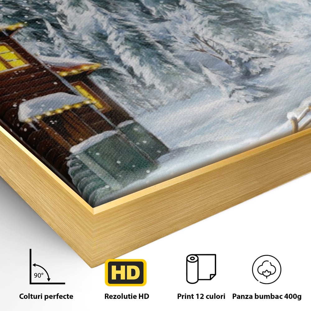 Tablou Canvas Premium LuxCanva® A1240, Peisaj De Poveste , Decorativ, Living, Peisaj, Zapada, Casa, Brad, Iarna, Dormitor, Culori Vibrante