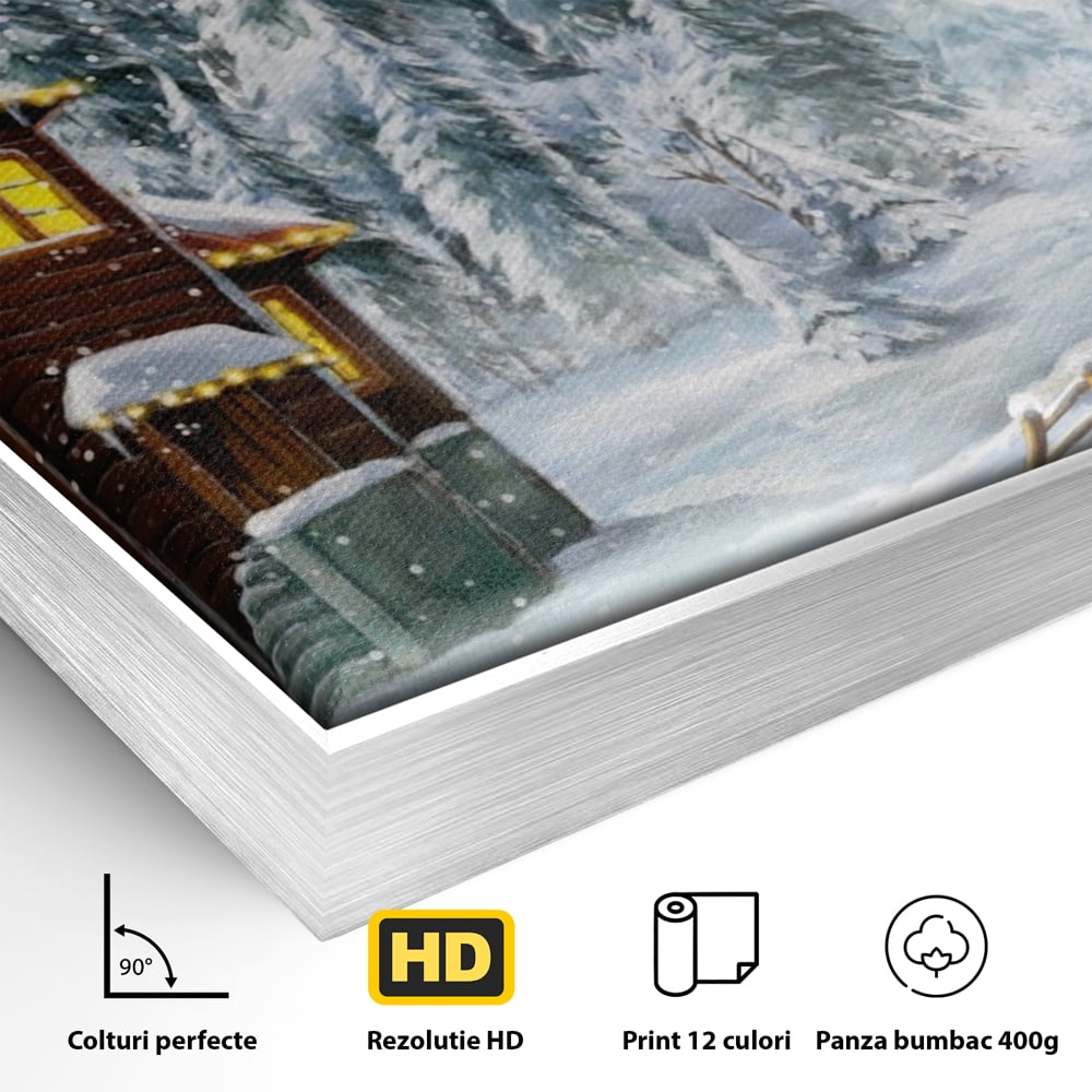 Tablou Canvas Premium LuxCanva® A1240, Peisaj De Poveste , Decorativ, Living, Peisaj, Zapada, Casa, Brad, Iarna, Dormitor, Culori Vibrante