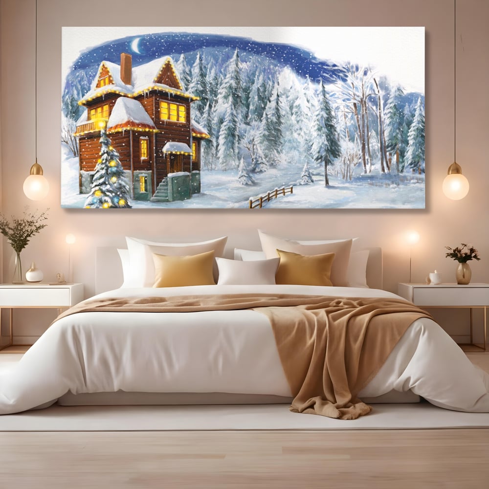 Tablou Canvas Premium LuxCanva® A1240, Peisaj De Poveste , Decorativ, Living, Peisaj, Zapada, Casa, Brad, Iarna, Dormitor, Culori Vibrante