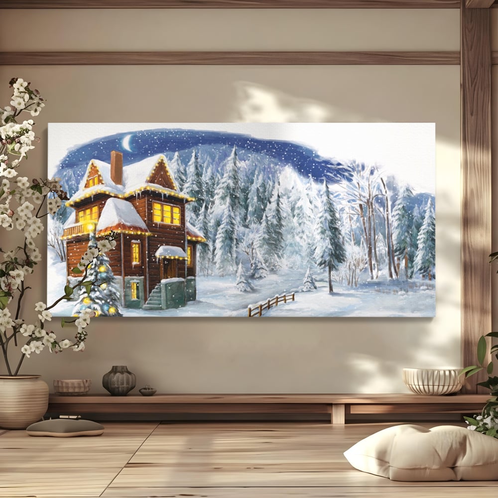 Tablou Canvas Premium LuxCanva® A1240, Peisaj De Poveste , Decorativ, Living, Peisaj, Zapada, Casa, Brad, Iarna, Dormitor, Culori Vibrante