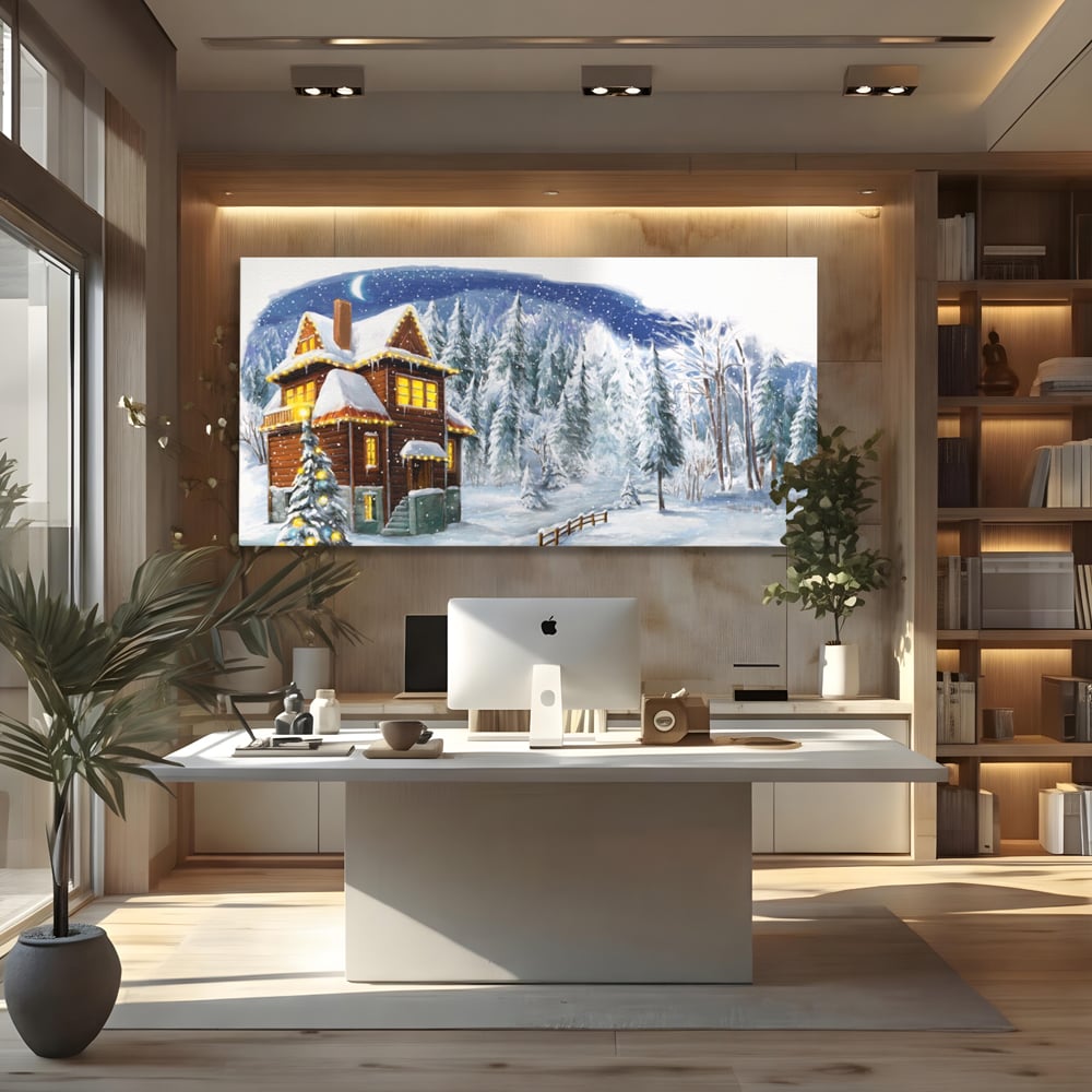 Tablou Canvas Premium LuxCanva® A1240, Peisaj De Poveste , Decorativ, Living, Peisaj, Zapada, Casa, Brad, Iarna, Dormitor, Culori Vibrante