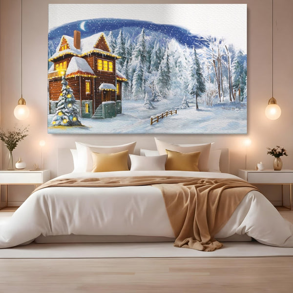 Tablou Canvas Premium LuxCanva® A1240, Peisaj De Poveste , Decorativ, Living, Peisaj, Zapada, Casa, Brad, Iarna, Dormitor, Culori Vibrante