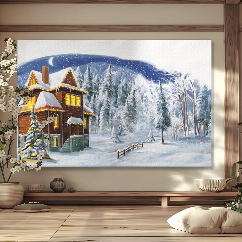 Tablou Canvas Premium LuxCanva® A1240, Peisaj De Poveste , Decorativ, Living, Peisaj, Zapada, Casa, Brad, Iarna, Dormitor, Culori Vibrante