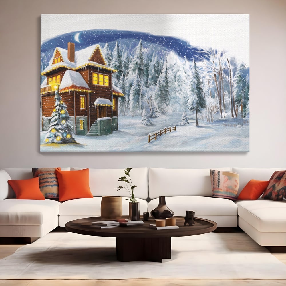Tablou Canvas Premium LuxCanva® A1240, Peisaj De Poveste , Decorativ, Living, Peisaj, Zapada, Casa, Brad, Iarna, Dormitor, Culori Vibrante