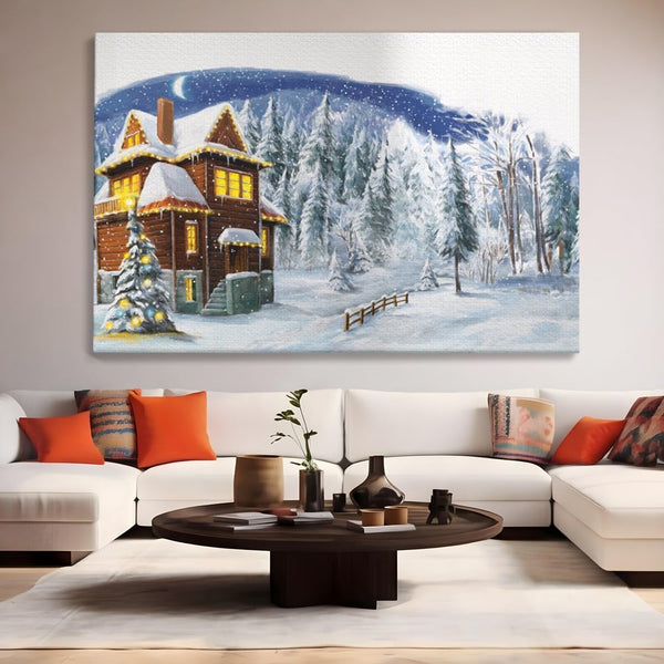 Tablou Canvas Premium LuxCanva® A1240, Peisaj De Poveste , Decorativ, Living, Peisaj, Zapada, Casa, Brad, Iarna, Dormitor, Culori Vibrante