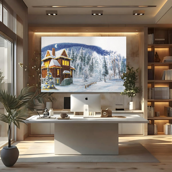 Tablou Canvas Premium LuxCanva® A1240, Peisaj De Poveste , Decorativ, Living, Peisaj, Zapada, Casa, Brad, Iarna, Dormitor, Culori Vibrante