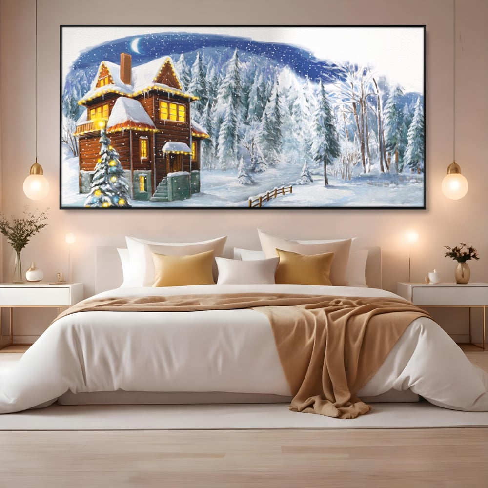 Tablou Canvas Premium LuxCanva® A1240, Peisaj De Poveste , Decorativ, Living, Peisaj, Zapada, Casa, Brad, Iarna, Dormitor, Culori Vibrante