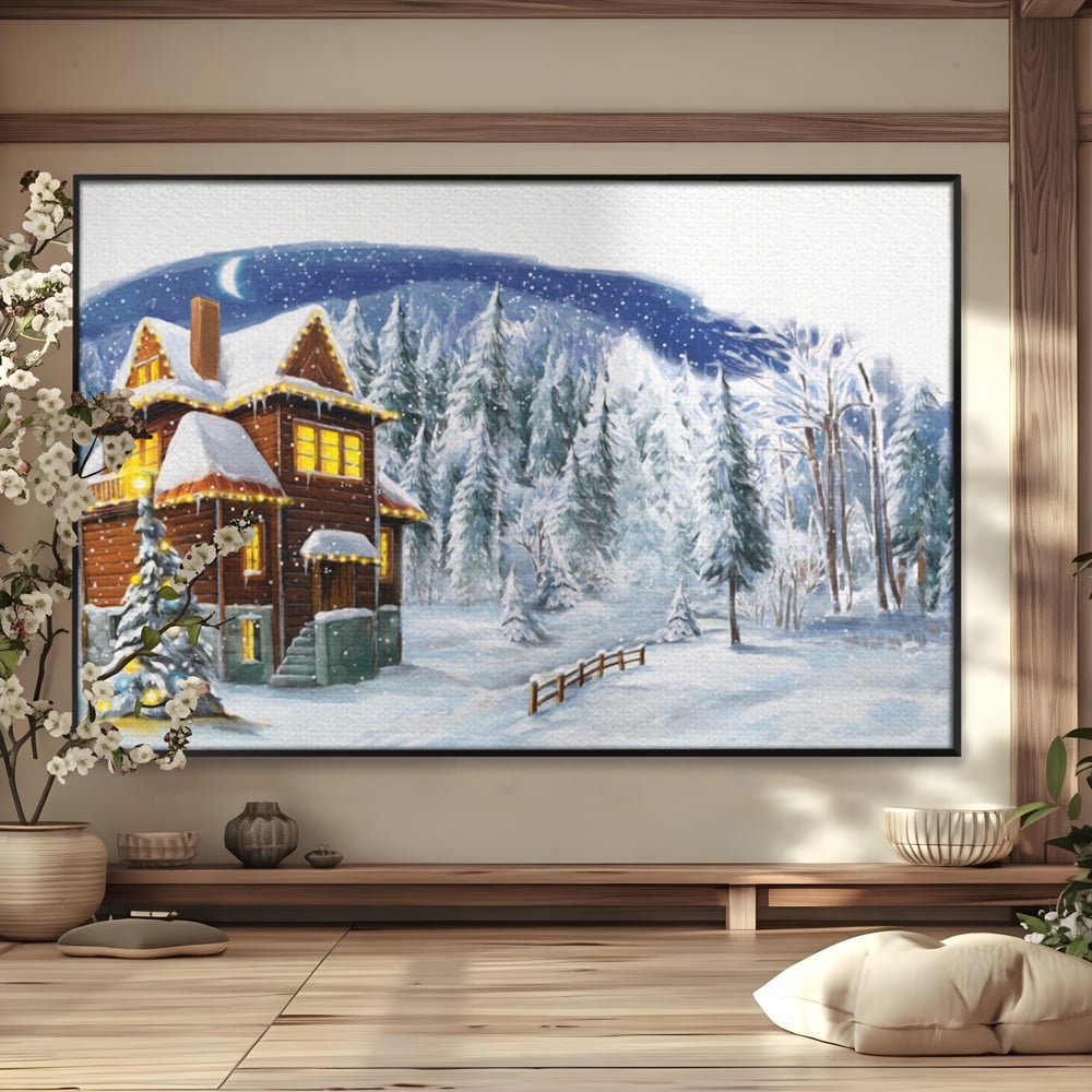 Tablou Canvas Premium LuxCanva® A1240, Peisaj De Poveste , Decorativ, Living, Peisaj, Zapada, Casa, Brad, Iarna, Dormitor, Culori Vibrante