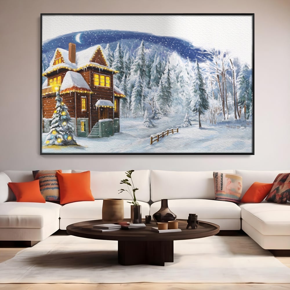 Tablou Canvas Premium LuxCanva® A1240, Peisaj De Poveste , Decorativ, Living, Peisaj, Zapada, Casa, Brad, Iarna, Dormitor, Culori Vibrante