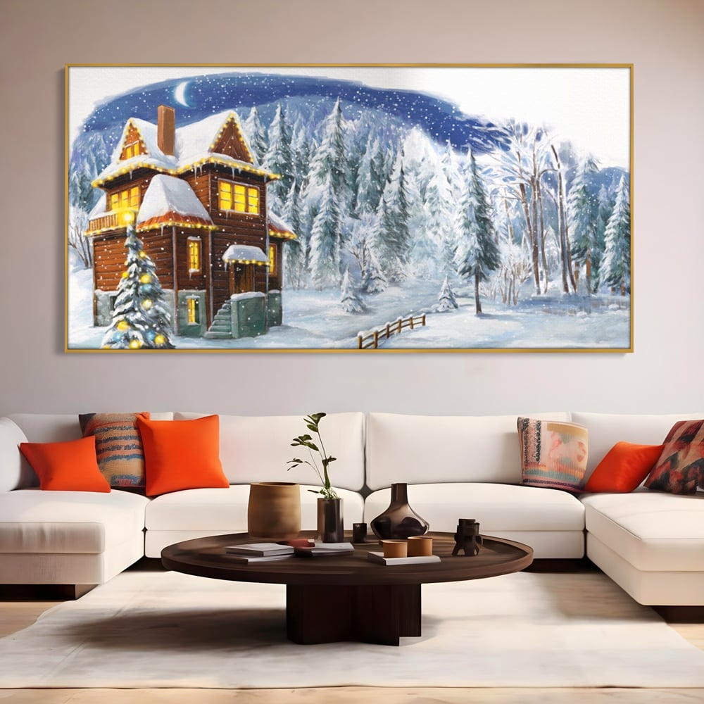 Tablou Canvas Premium LuxCanva® A1240, Peisaj De Poveste , Decorativ, Living, Peisaj, Zapada, Casa, Brad, Iarna, Dormitor, Culori Vibrante