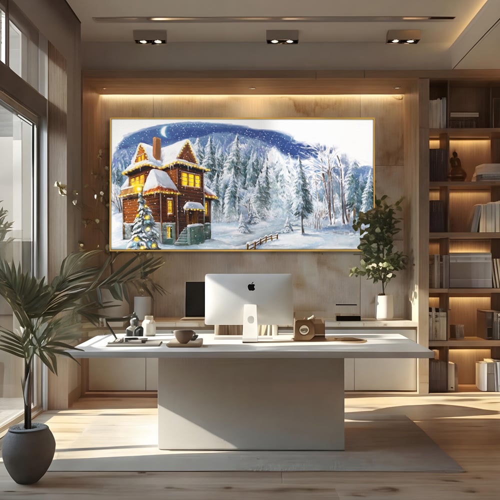 Tablou Canvas Premium LuxCanva® A1240, Peisaj De Poveste , Decorativ, Living, Peisaj, Zapada, Casa, Brad, Iarna, Dormitor, Culori Vibrante