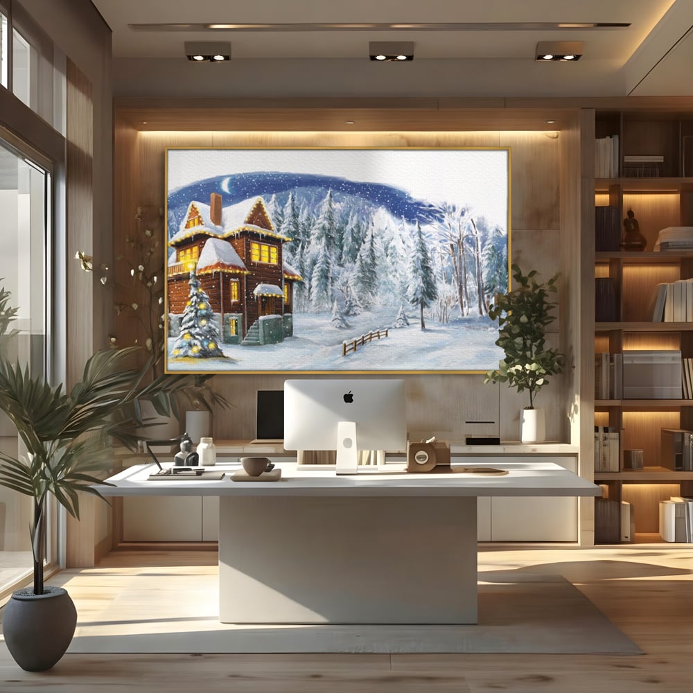 Tablou Canvas Premium LuxCanva® A1240, Peisaj De Poveste , Decorativ, Living, Peisaj, Zapada, Casa, Brad, Iarna, Dormitor, Culori Vibrante