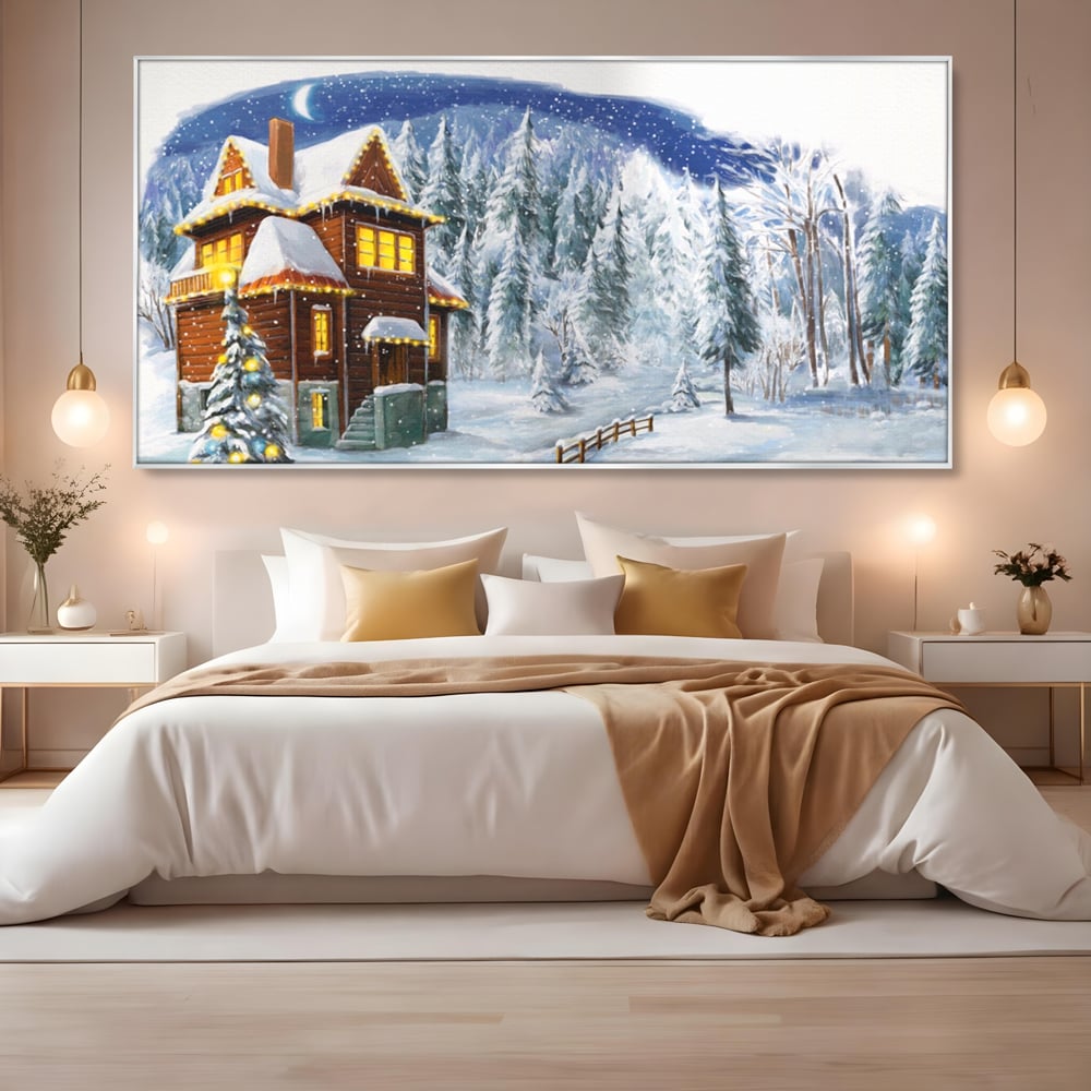 Tablou Canvas Premium LuxCanva® A1240, Peisaj De Poveste , Decorativ, Living, Peisaj, Zapada, Casa, Brad, Iarna, Dormitor, Culori Vibrante