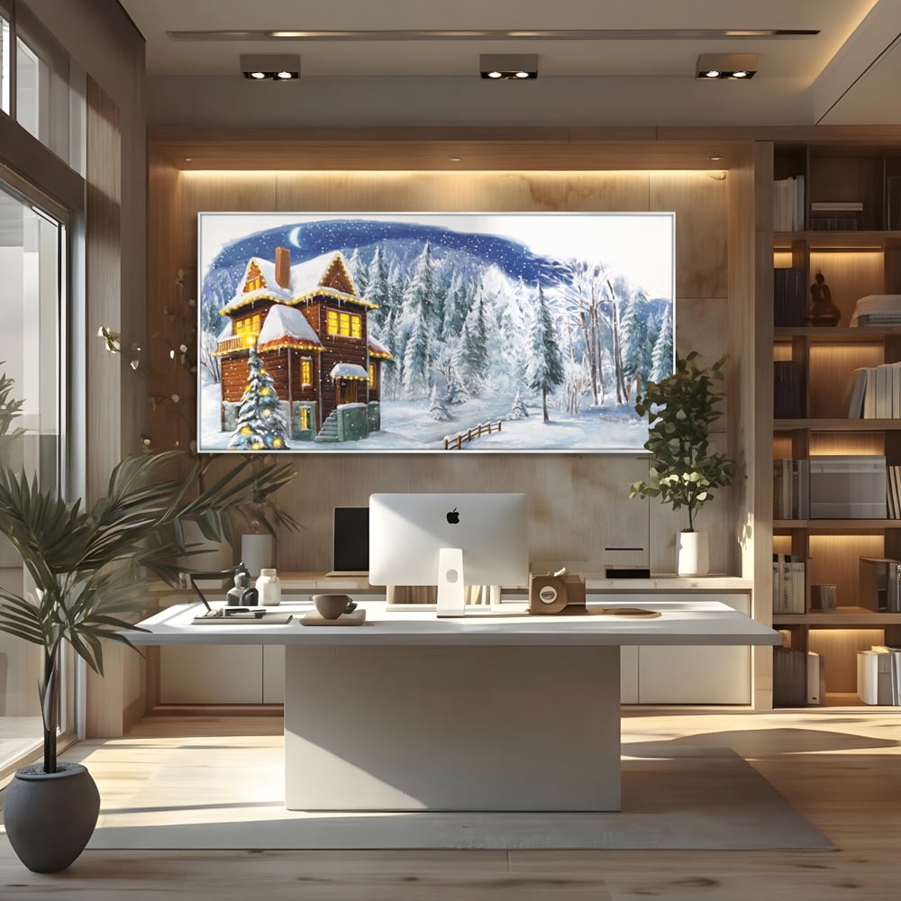 Tablou Canvas Premium LuxCanva® A1240, Peisaj De Poveste , Decorativ, Living, Peisaj, Zapada, Casa, Brad, Iarna, Dormitor, Culori Vibrante