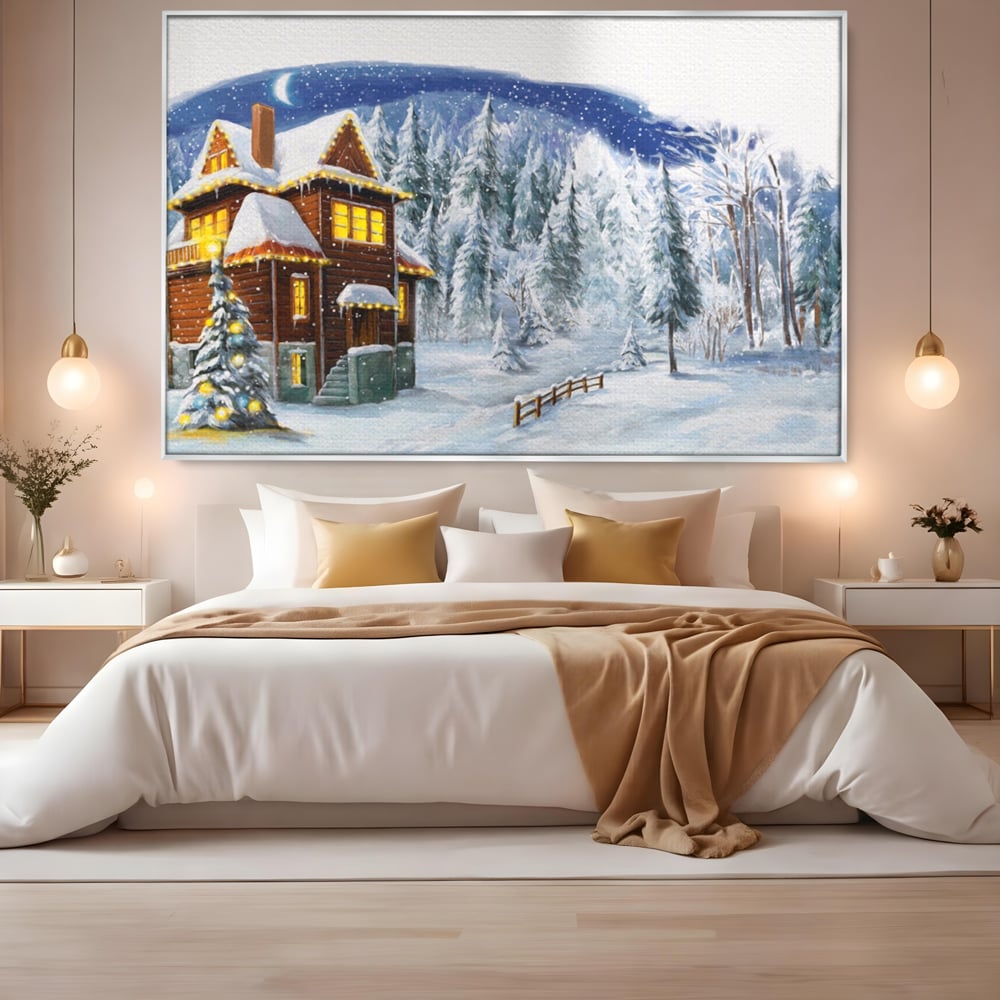 Tablou Canvas Premium LuxCanva® A1240, Peisaj De Poveste , Decorativ, Living, Peisaj, Zapada, Casa, Brad, Iarna, Dormitor, Culori Vibrante