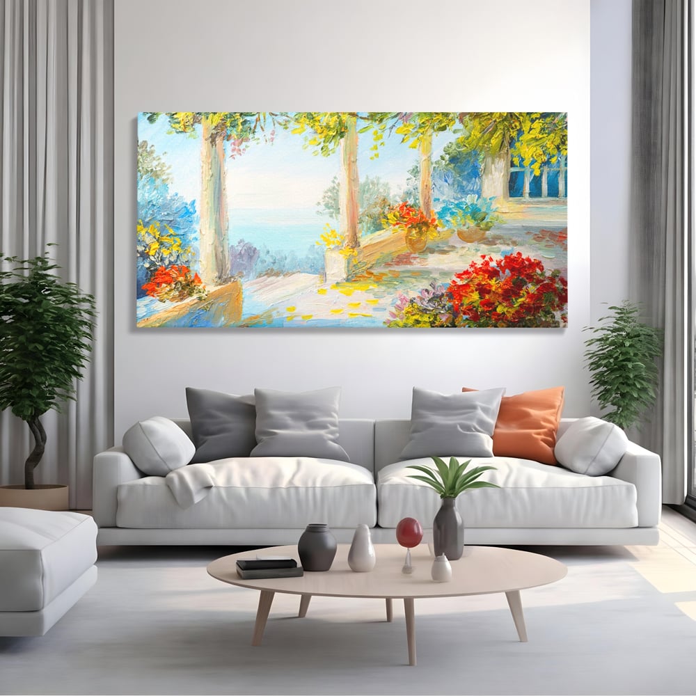 Tablou Canvas Premium LuxCanva® A1241, Priveliste La Mare , Decorativ, Living, Peisaj, Flori, Mare, Copaci, Dormitor, Culori Vibrante