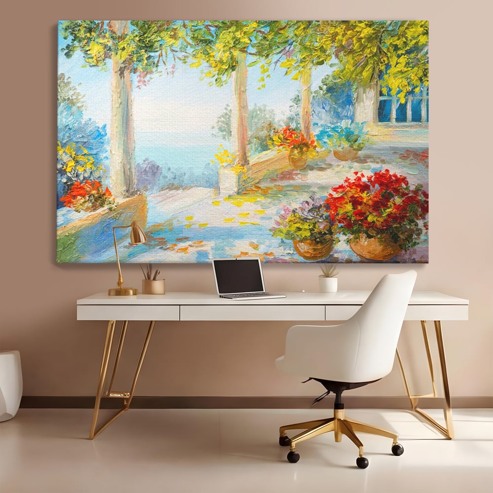 Tablou Canvas Premium LuxCanva® A1241, Priveliste La Mare , Decorativ, Living, Peisaj, Flori, Mare, Copaci, Dormitor, Culori Vibrante