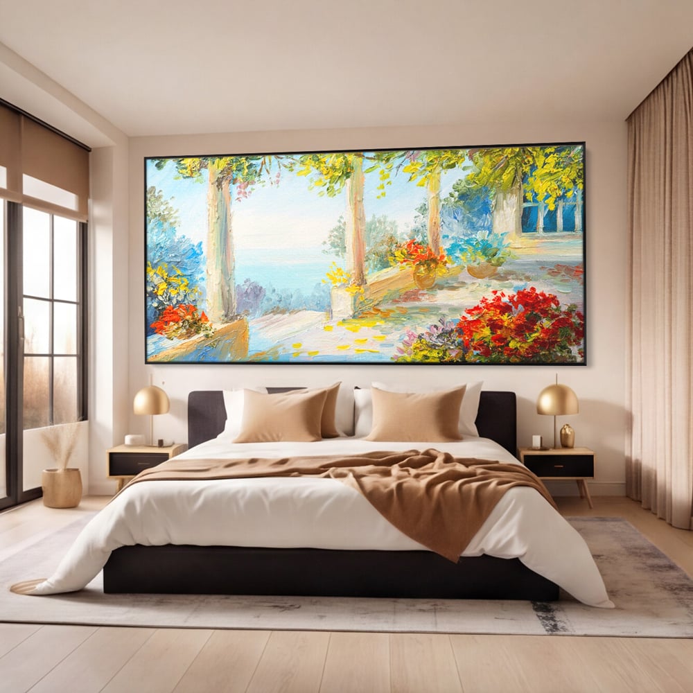 Tablou Canvas Premium LuxCanva® A1241, Priveliste La Mare , Decorativ, Living, Peisaj, Flori, Mare, Copaci, Dormitor, Culori Vibrante