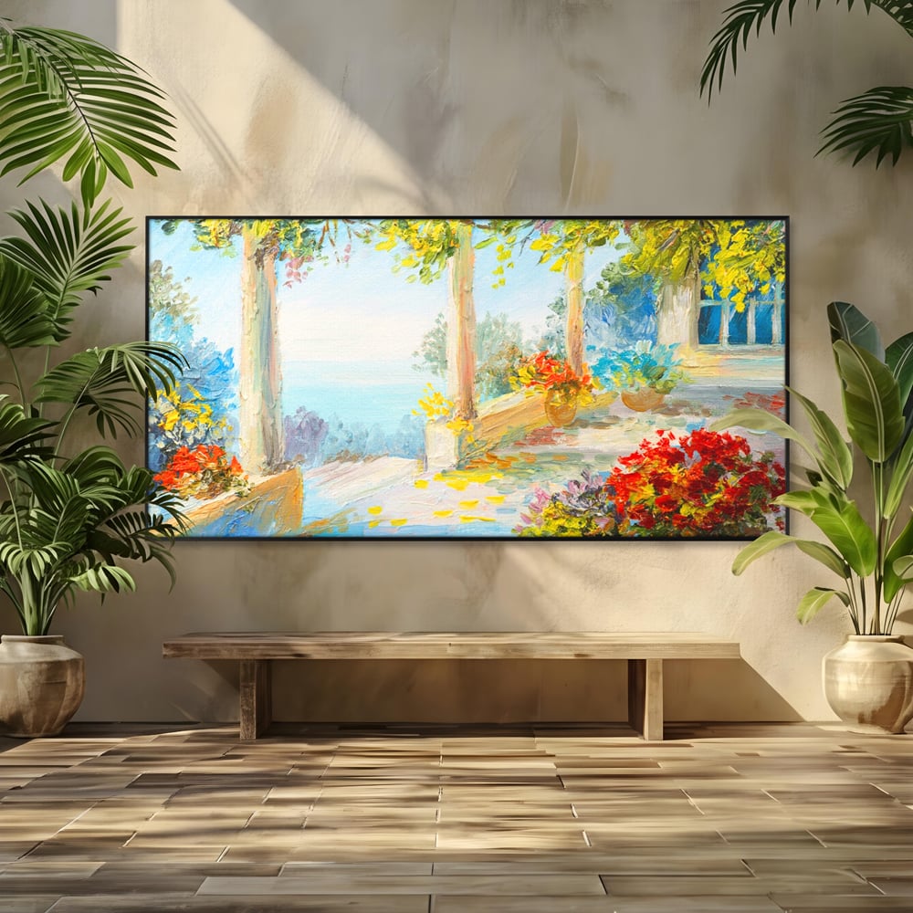 Tablou Canvas Premium LuxCanva® A1241, Priveliste La Mare , Decorativ, Living, Peisaj, Flori, Mare, Copaci, Dormitor, Culori Vibrante